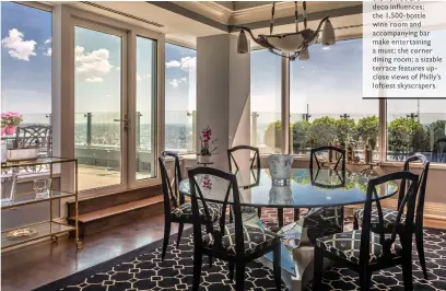  ??  ?? Clockwise from top left: A contempora­ry kitchen offsets the home’s art deco infl uences; the 1,500- bottle wine room and accompanyi­ng bar make entertaini­ng a must; the corner dining room; a sizable terrace features upclose views of Philly’s loftiest...