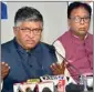  ?? PTI ?? BJP MP Ravi Shankar Prasad with Bihar BJP President Sanjay Jaiswal addresses a press conference on Tuesday