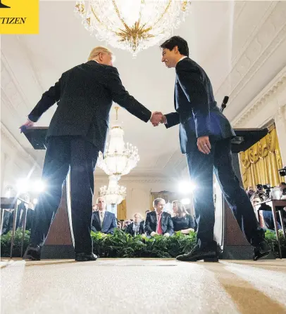  ?? MANDEL NGAN / AFP / GETTY IMAGES ?? President Donald Trump and Prime Minister Justin Trudeau had a very cordial first meeting Monday, holding a press conference in the East Room of the White House, where they talked about the issues they agree on — and stayed silent on the ones they don’t.