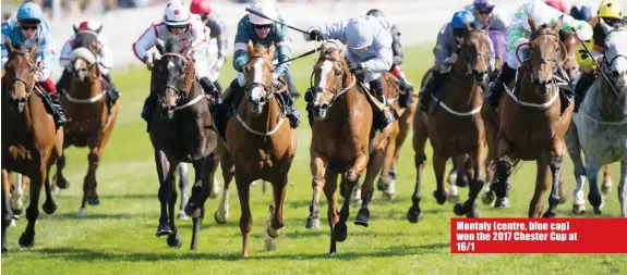  ??  ?? Montaly (centre, blue cap) won the 2017 Chester Cup at 16/1