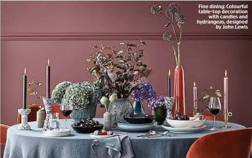  ??  ?? Fine dining: Colourful table-top decoration with candles and hydrangeas, designed by John Lewis