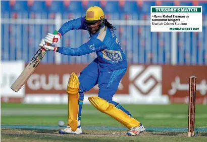  ?? Photos by M. Sajjad ?? &gt; 8pm: Kabul Zwanan vs Kandahar Knights Sharjah Cricket Stadium Chris Gayle from Balkh Legends scored 80 off 48 balls against Kabul Zwanan in Sharjah on Sunday. —tuesday’s match MONDAY: REST DAY