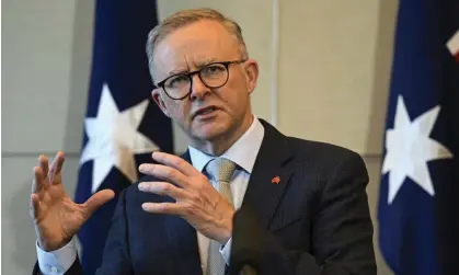  ?? Photograph: Lukas Coch/AAP ?? Prime minister, Anthony Albanese, speaks to the media during a press conference before the Natosummit in Madrid. He will give a speech to the OECD in Paris before meeting French president, Emmanuel Macron.