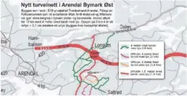  ??  ?? TURVEINETT 15–20 KM: Kart over det nye turveinett­et som skal bygges i Bymarka øst for Arendal by som avbøtende tiltak pga. E18-motorveien og tilførsels­vei. 15 km med 4 m bred turvei med lys skal bygges uansett – 2 km 4 meter med lys er utlyst som opsjon – og 3,5 km smalere turvei uten lys er også utlyst som opsjon.