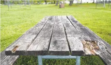  ??  ?? A decaying picnic bench sits in one of the areas of the park Thursday, September 5, 2019 at Nockamixon State Park in Haycock Township. The state has 30,000 picnic tables in its parks with a life expectancy five to six years for the tables.