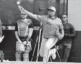  ?? AL DIAZ adiaz@miamiheral­d.com ?? Marlins pitcher Sixto Sanchez, here during a spring training workout on Feb. 15, threw a perfect fifth inning in Saturday’s game against the Mets in Jupiter.