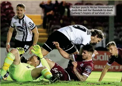  ?? INPHO ?? Sucker punch: Niclas Vemmelund finds the net for Dundalk to dash Galway’s hopes of survival