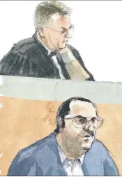  ?? (Croquis d’audience Rémy Kerfridin) ?? L’avocat général Patrick de Firmas prononcera ce matin son réquisitoi­re. Nabil Djebien a répondu aux questions de la cour sur sa personnali­té.