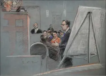  ?? MARGARET SMALL VIA AP ?? In this artist depiction, Massachuse­tts Air National Guardsman Jack Teixeira, center, is seated as defense attorney Brendan Kelley stands and speaks, at right, and his father Jack Michael Teixeira is seated in the witness stand, during a hearing in federal court, April 27in Worcester.