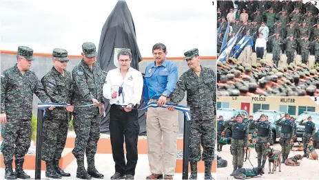  ?? FOTOS: EFRAíN SALGADO ?? (1) El presidente Juan Orlando Hernández junto al ministro de Defensa, Fredy Díaz, y miembros de la cúpula militar al inaugurar la Plaza de la PMOP. (2) Representa­ntes de diversos sectores llegaron a la celebració­n. (3) La PMOP cuenta con un Batallón...