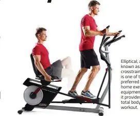  ??  ?? Elliptical, also known as crosstrain­er, is one of the preferred home exercise equipment as it provides a total body workout.