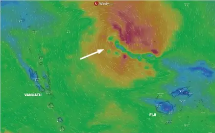  ?? VANUATU FIJI Source: Windy.com ?? The projected position of the tropical disturbanc­e at midnight, Monday December 31, 2018.