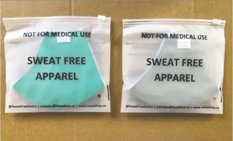  ??  ?? Sweat Free Apparel, a Waterloo-based startup with two employees — a 28-year-old immigrant from India and his father — will be providing Toronto regional transit agency Metrolinx with 10,000 masks for its staff. The order for the reusable masks is the company’s first big job.