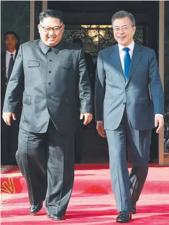  ?? Picture: AFP ?? South Korea's President Moon Jae-in (right) and North Korean leader Kim Jong-un walk together after summit talks on Saturday.