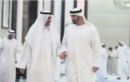  ?? Mohamed Al Hammadi / Crown Prince Court – Abu Dhabi ?? Sheikh Mohammed bin Zayed, Crown Prince of Abu Dhabi and Deputy Supreme Commander of the Armed Forces, receives Sheikh Hamad bin Mohammed Al Sharqi, Ruler of Fujairah, during iftar at Al Bateen Palace.