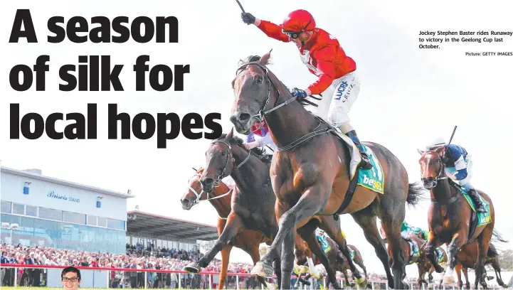  ??  ?? Jockey Stephen Baster rides Runaway to victory in the Geelong Cup last October.