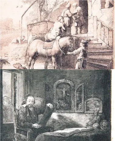  ??  ?? “El buen samaritano” (1633), Rembrandt basó muchas de sus obras en el Viejo y Nuevo Testamento. Retrato de un farmacéuti­co en un grabado de Rembrandt, que data de 1657.