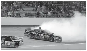  ??  ?? AP/STEVE HELBER
Clint Bowyer (15) spins out as Dale Earnhardt Jr. (88) passes during Saturday’s race at Richmond Internatio­nal Raceway in Richmond, Va. Both drivers made NASCAR’s chase for the championsh­ip.