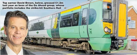  ??  ?? Top earner David Brown, below, grossed £1.2m last year as boss of the Go Ahead group, whose portfolio includes the strike-hit Southern Rail