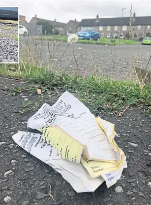  ??  ?? Unused parking receipts on the ground. Inset: A discarded wrapper.