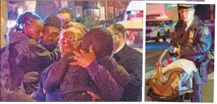  ??  ?? NYPD officer (r.) carries baby’s car seat as mom and dad are reunited with children (above) after a carjacker took off in the family car with kids in the back seat in Brooklyn.