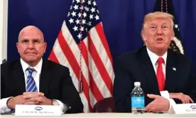  ??  ?? Donald Trump, with HR McMaster, speaks during a security briefing at his Bedminster resort in New Jersey, in 2017. Photograph: Nicholas Kamm/AFP/Getty Images