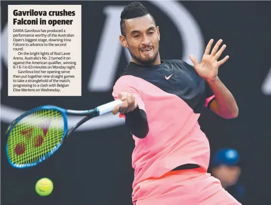  ?? MIGHTY MATURE: Nick Kyrgios hits a return during his first round men's singles win against Brazil's Rogerio Dutra Silva ( below). ??