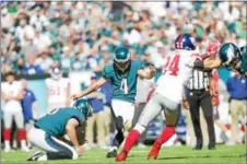  ?? RICK KAUFFMAN — DIGITAL FIRST MEDIA ?? Eagles kicker Jake Elliot connects on a 46-yard field goal in the fourth quarter Sunday at Lincoln Financial Field.