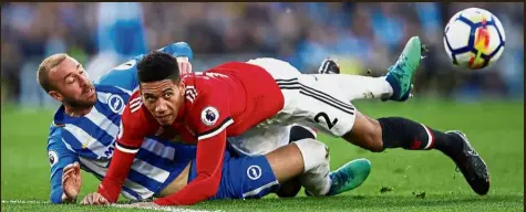  ?? — AFP ?? Devils in distress: (clockwise from top) Manchester United’s Anthony Martial reacting after missing a chance against Brighton in the English Premier League match on Friday; manager Jose Mourinho showing his agitation; and United’s Chris Smalling is...
