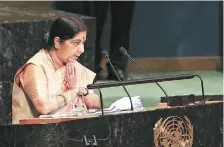  ??  ?? External Affairs Minister Sushma Swaraj addresses the United Nations General Assembly at the UN headquarte­rs on Saturday