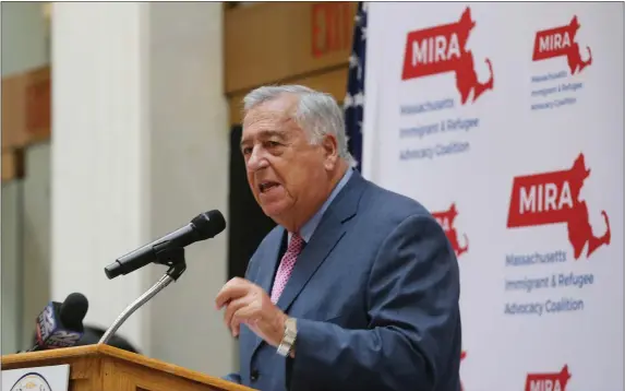  ?? NANCY LANE — BOSTON HERALD ?? House Speaker Ron Mariano speaks at Immigrant Day at the State House.