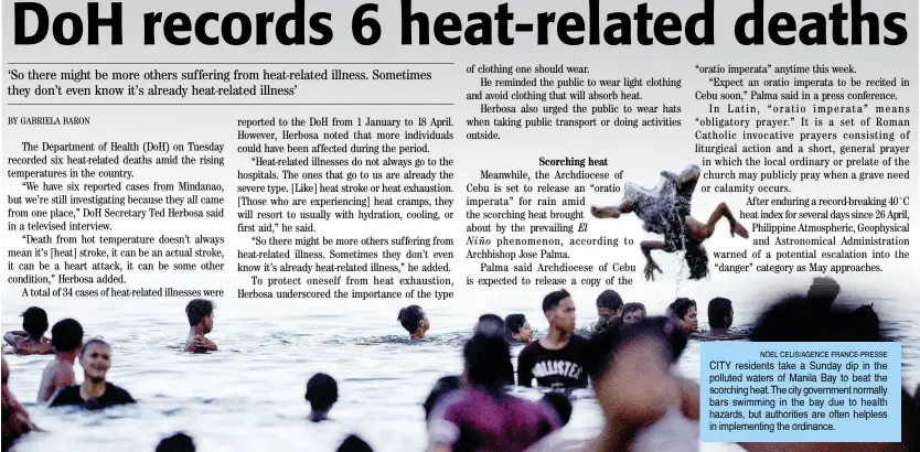  ?? ?? NOEL CELIS/AGENCE FRANCE-PRESSE CITY residents take a Sunday dip in the polluted waters of Manila Bay to beat the scorching heat.The city government normally bars swimming in the bay due to health hazards, but authoritie­s are often helpless in implementi­ng the ordinance.