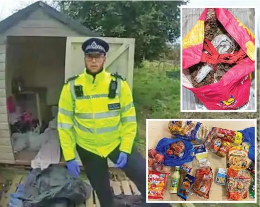  ?? ?? Search: An officer outside the shed in Brighton. Inset: Bag in which baby Victoria was found, and some of couple’s supplies