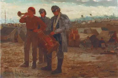  ??  ?? Winslow Homer (1836-1910), Sounding Reveille, 1865. Oil on canvas, 13¼ x 19¾ in., signed and dated lower right: ‘Winslow Homer 1865’. Estimate: $1.5/2.5 million