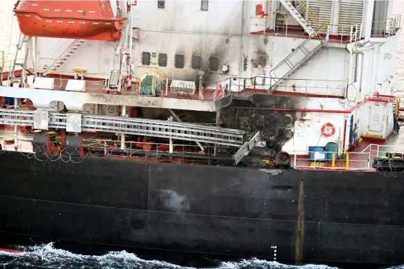  ?? Indian Navy ?? A Houthi drone hit US cargo ship the MV Genco Picardy, in the Gulf of Aden. The US military said there were no injuries but the vessel was damaged