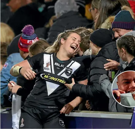  ?? GETTY IMAGES ?? Brianna Clark enjoys New Zealand’s World Cup semifinal win over England with crowd members. Inset, Mele Hufanga was named player of the match, adding bite to the Kiwi Ferns’ attack from centre.