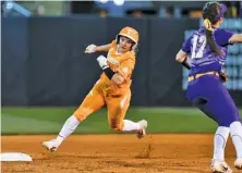  ?? TENNESSEE ATHLETICS PHOTO ?? Tennessee junior Aubrey Leach, shown during a home game against LSU last month, leads the Lady Vols with a .568 on-base percentage this season. The SEC softball tournament began Wednesday in Columbia, Mo., but Tennessee had a bye and begins play today...