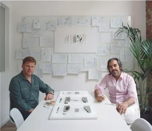  ??  ?? ian murison and kaveh memari photograph­ed at their hq in southwark, london, with some of their vape designs. on the wall, a deconstruc­ted view of the three-part ayr shows the complicate­d technology involved