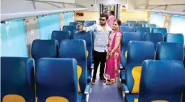  ?? PTI ?? A couple snaps selfie inside a coach of Tejas Express before it was flagged off at CS Terminus in Mumbai on Monday