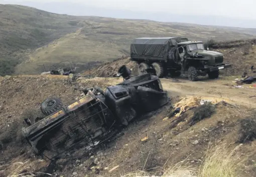  ??  ?? Damaged Armenian military damaged after Azerbaijan’s retaliator­y operations in response to Armenia’s attacks in the occupied Nagorno-Karabakh region, Oct. 2, 2020.