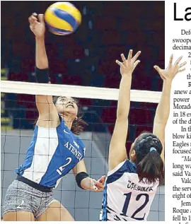  ?? JOEY MENDOZA ?? Alyssa Valdez (2) of Ateneo scores a winner against Jessica Galanza of Adamson in the UAAP women’s volleyball tournament yesterday at the MOA Arena.
