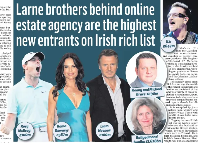  ??  ?? Kenny and Michael
Bruce: £190m
Rory McIlroy: £100m Roma Downey: £387m
Liam Neeson: £100m
Ballyedmon­d family: £1.628bn
U2: £647m