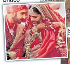  ?? PHOTOS: SHIVAM SAXENA/HT ?? Ranveer Singh and Deepika Padukone at their wedding (left); Wedding lehengas and gowns inspired by her lehenga in the market (above and below)