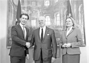  ??  ?? Photo shows Austria’s Chancellor Sebastian Kurz (left) welcoming de Mistura (centre) with the Federal Chanceller­y in Vienna. — AFP photo Austria’s Foreign Minister Karin Kneissl at