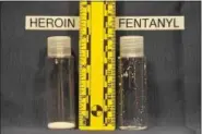  ?? PHOTO COURTESY OF THE MONTGOMERY COUNTY DISTRICT ATTORNEY’S OFFICE ?? In this photo submitted by the Montgomery County District Attorney’s Office, you can see the physical difference­s between heroin and fentanyl.