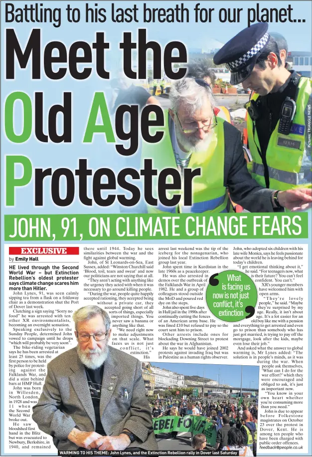  ??  ?? WARMING TO HIS THEME: John Lynes, and the Extinction Rebellion rally in Dover last Saturday