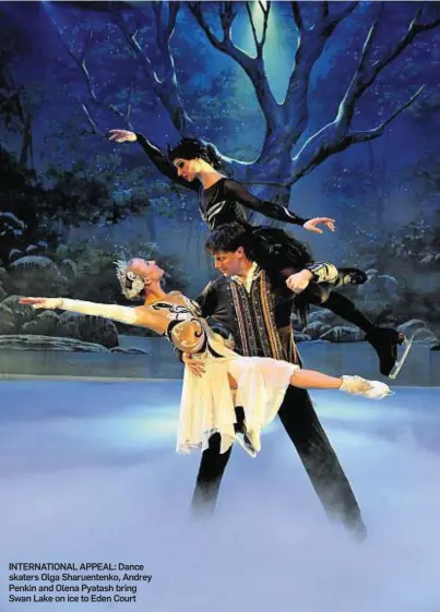  ??  ?? INTERNATIO­NAL APPEAL: Dance skaters Olga Sharuenten­ko, Andrey Penkin and Olena Pyatash bring Swan Lake on ice to Eden Court