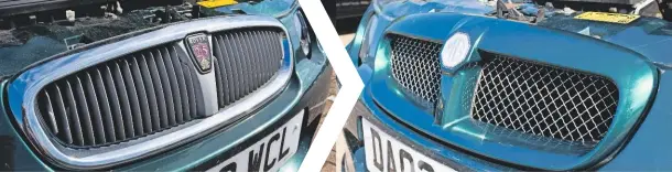  ??  ?? Out with the old – this is the last time you’ll see our MG wearing a Rover 25 grille. In with the new – the MG badge may be faded, but this proper MG grille is the correct colour.