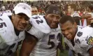  ?? ?? Jamie Sharper (L), Ray Lewis, and Peter Boulware celebrate a Ravens win in 2001. Photograph: Lou Dematteis/Reuters