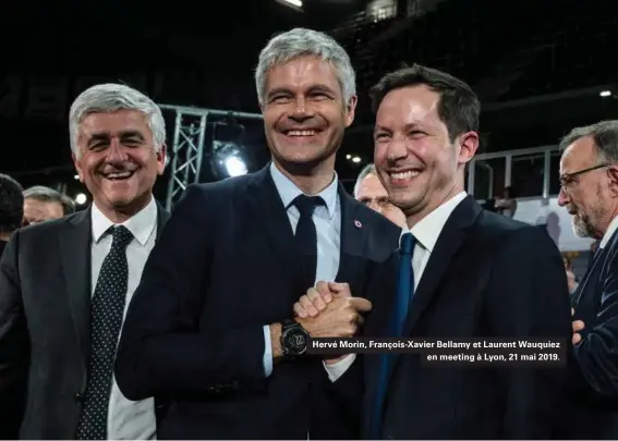  ??  ?? Hervé Morin, François-xavier Bellamy et Laurent Wauquiez en meeting à Lyon, 21 mai 2019.
